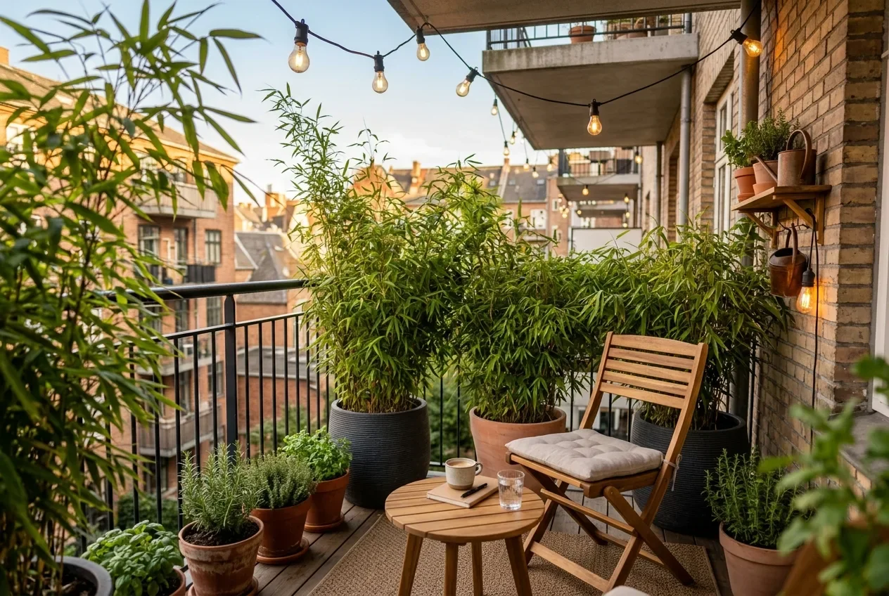 Small apartment balcony with privacy screen and plants