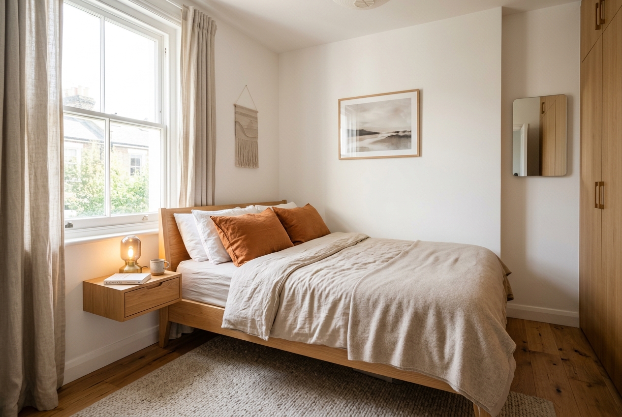 Small bedroom with spacious-feeling furniture arrangement