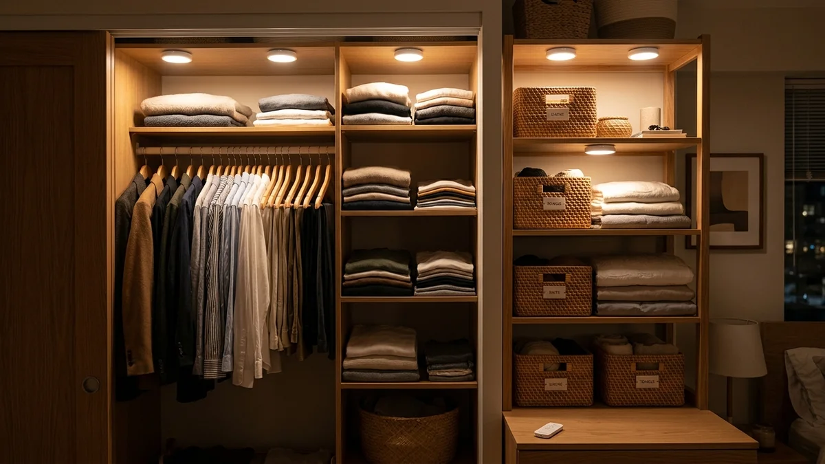 Brilliant Evolution wireless battery LED puck lights mounted underneath shelves in a small apartment closet