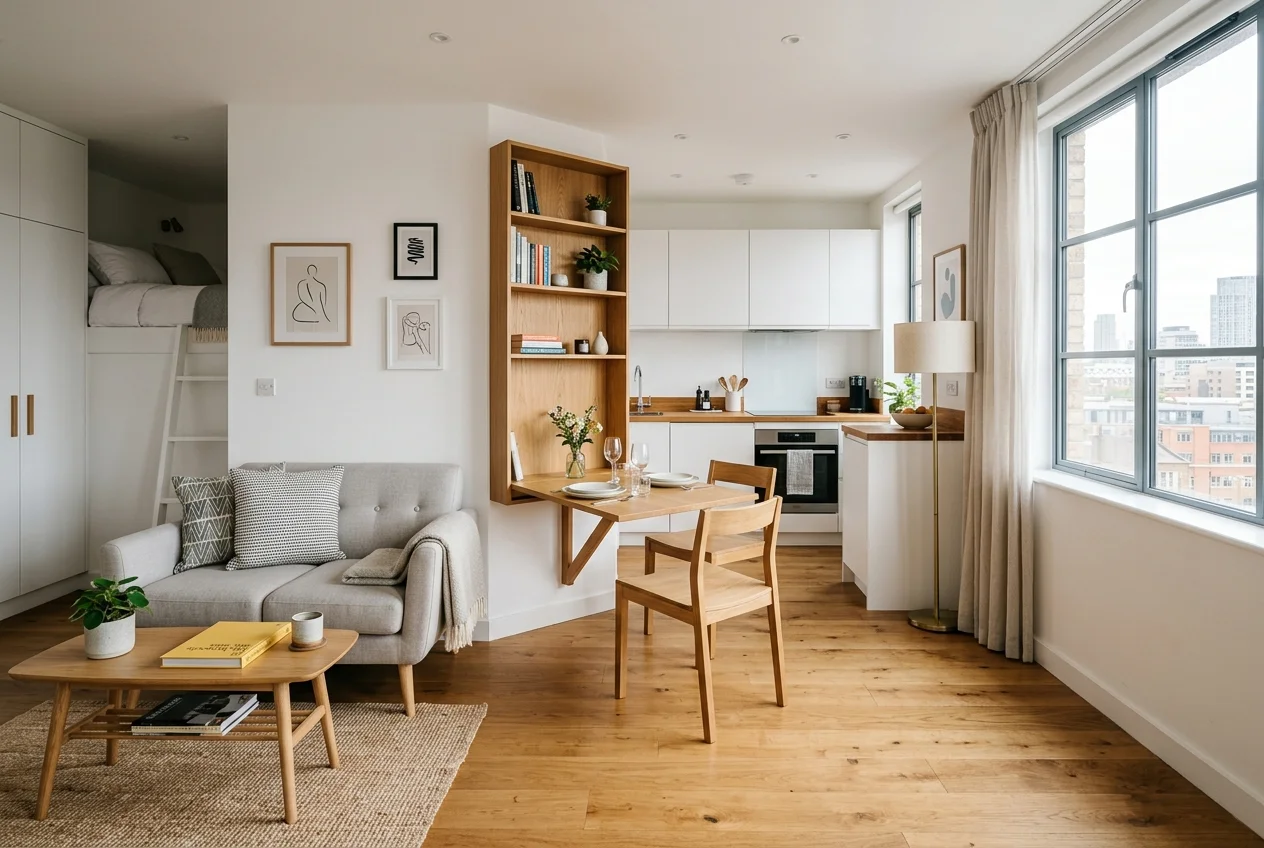 Wide shot of a studio apartment showing multi-functional furniture scaled perfectly for small spaces