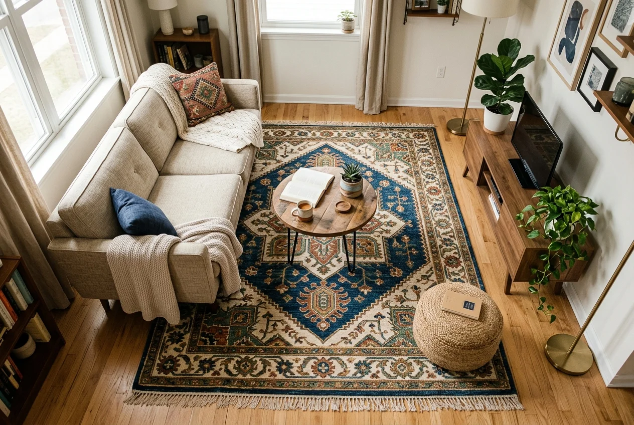 Beautifully patterned textured area rug anchoring a cozy small apartment living room
