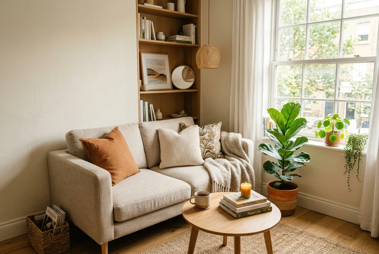 Curated modern living room with natural oak, comfortable seating, and layered textiles