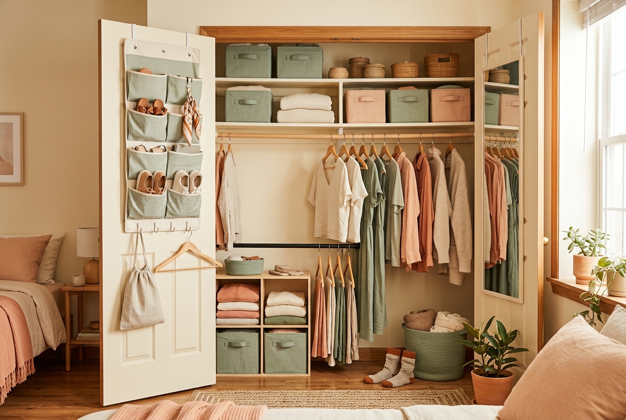 Well-organized small apartment closet with shelf dividers and bins