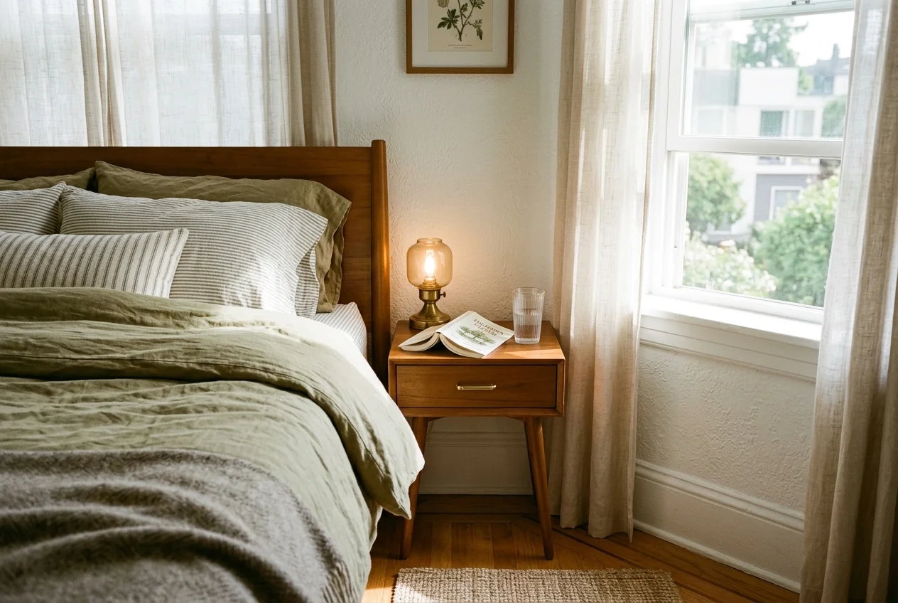 Tiny modern nightstand fitting perfectly beside an apartment bed, holding a small lamp and book