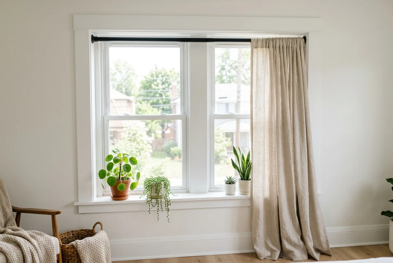 Linen curtains hung on a heavy-duty tension rod inside a window frame, causing no damage