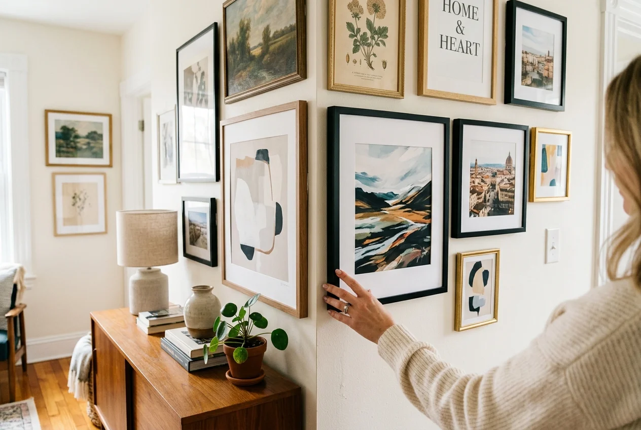 Hand pressing a beautiful framed art print to a rental wall using removable Command strips