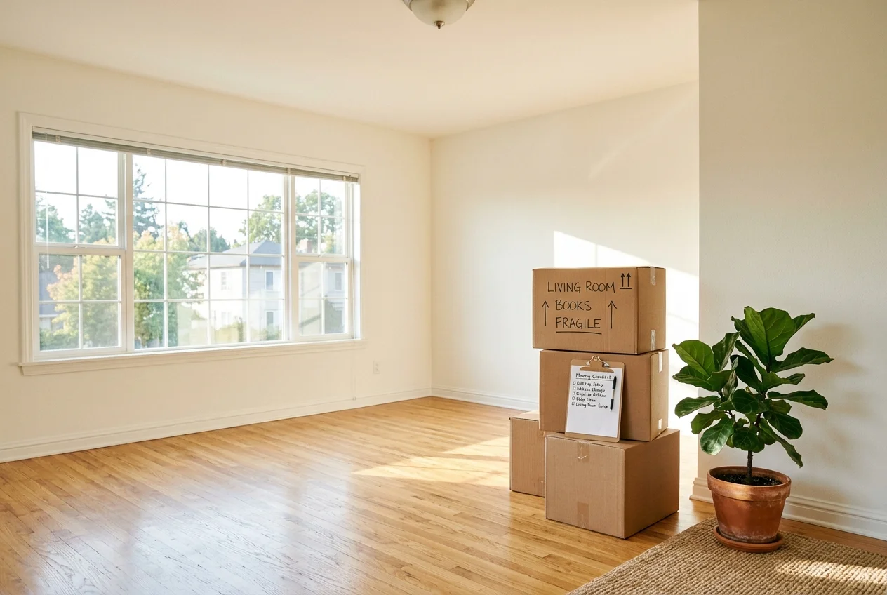 Empty apartment living room with moving boxes, plant, and a checklist clipboard