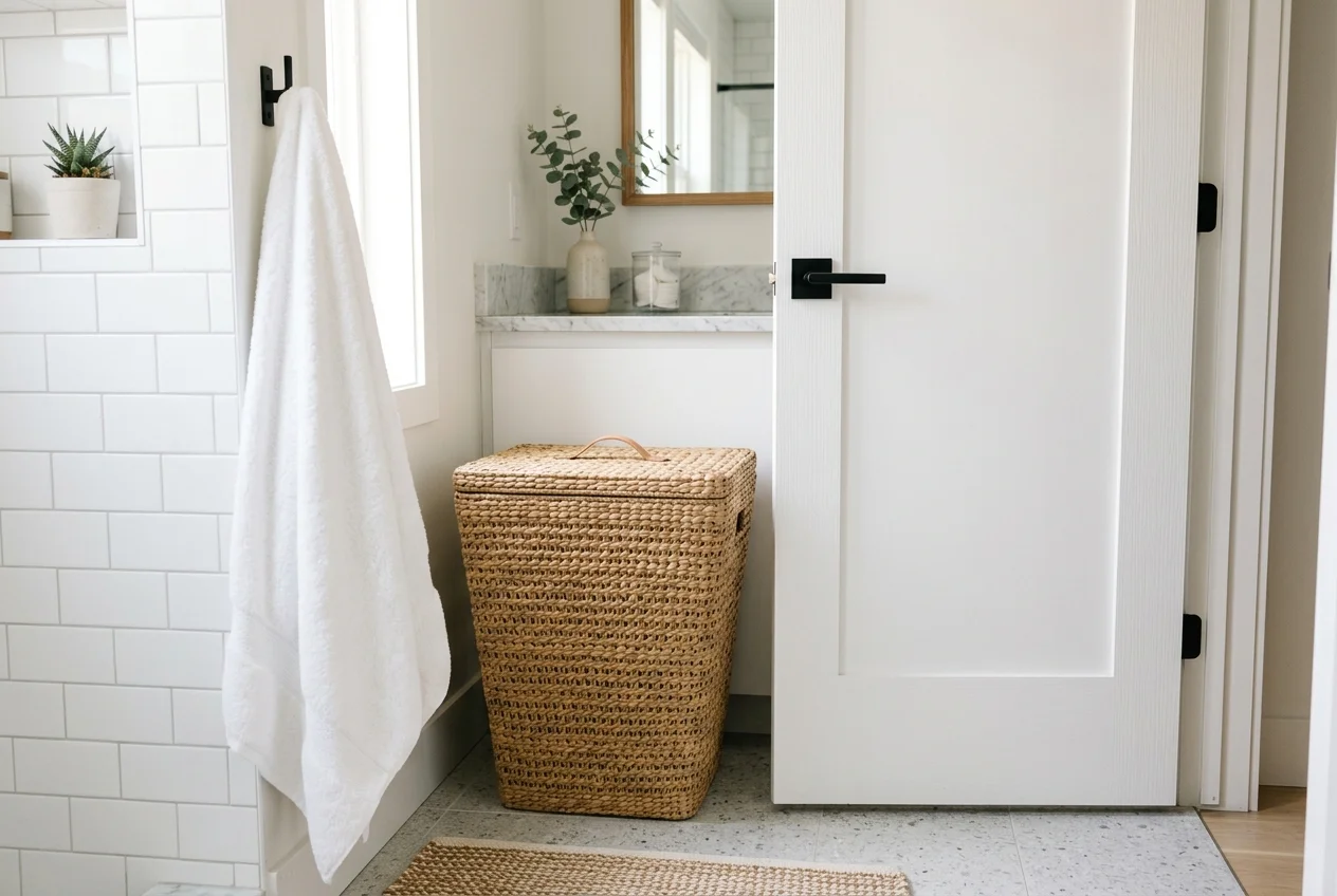 Stylish woven foldable laundry hamper in a bright small apartment bathroom