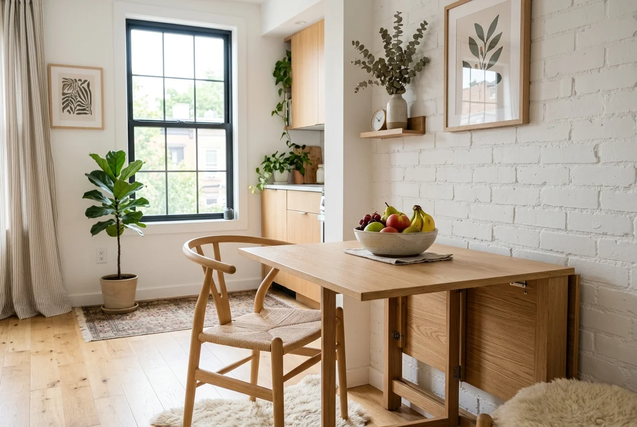 Drop-leaf folding dining table against a wall in a small Scandinavian apartment nook