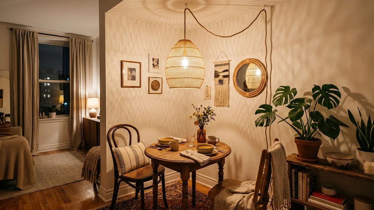 FRIDEKO hand-woven natural rattan swag pendant lamp suspended above a small apartment dining bistro table