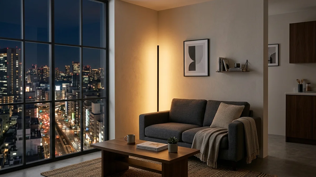 Govee ultra-slim vertical black matte LED corner floor lamp washing a living room corner in warm ambient bounce light