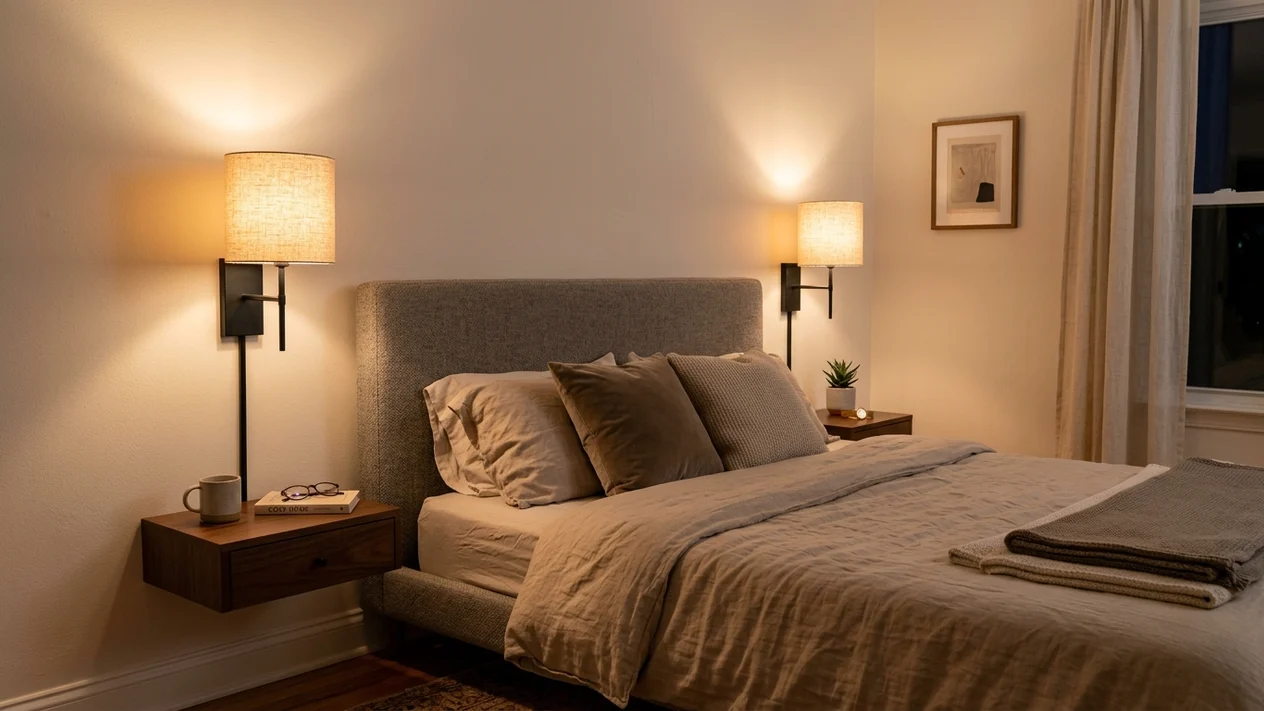 Pair of IRONPAX modern fabric shade battery wall sconces flanking an upholstered apartment bed