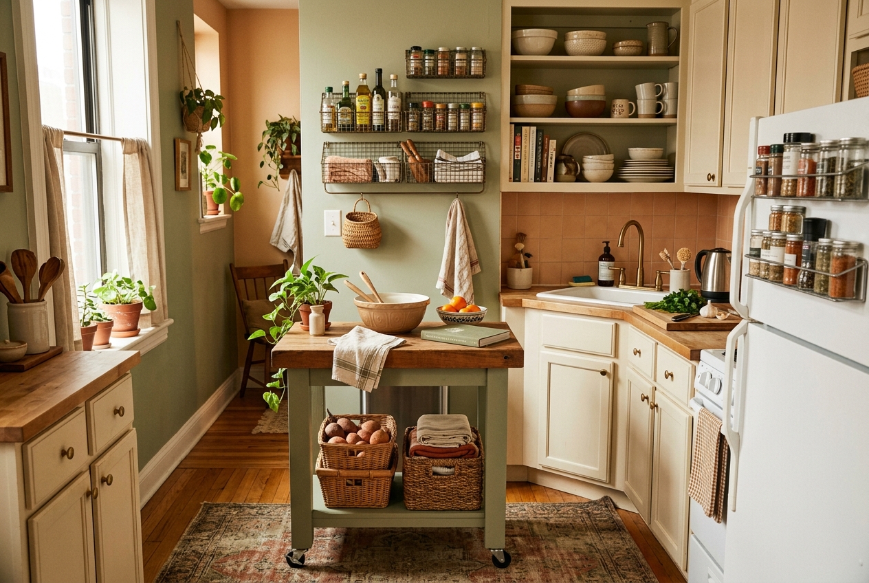 Small rental kitchen with clever storage solutions and organized counters
