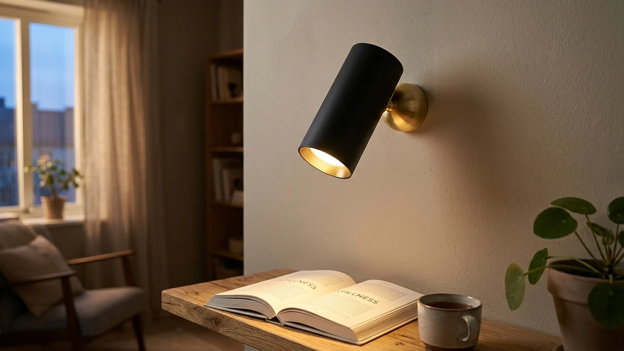 Koopala 360-degree magnetic rechargeable wall sconce emitting warm reading light over a wooden desk