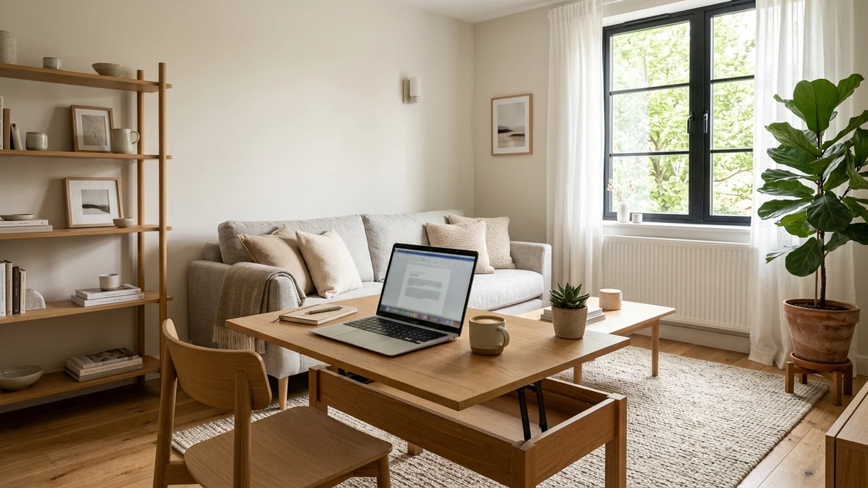 Modern Scandinavian natural oak lift-top coffee table elevated to desk height in a bright apartment living room with sofa and rug