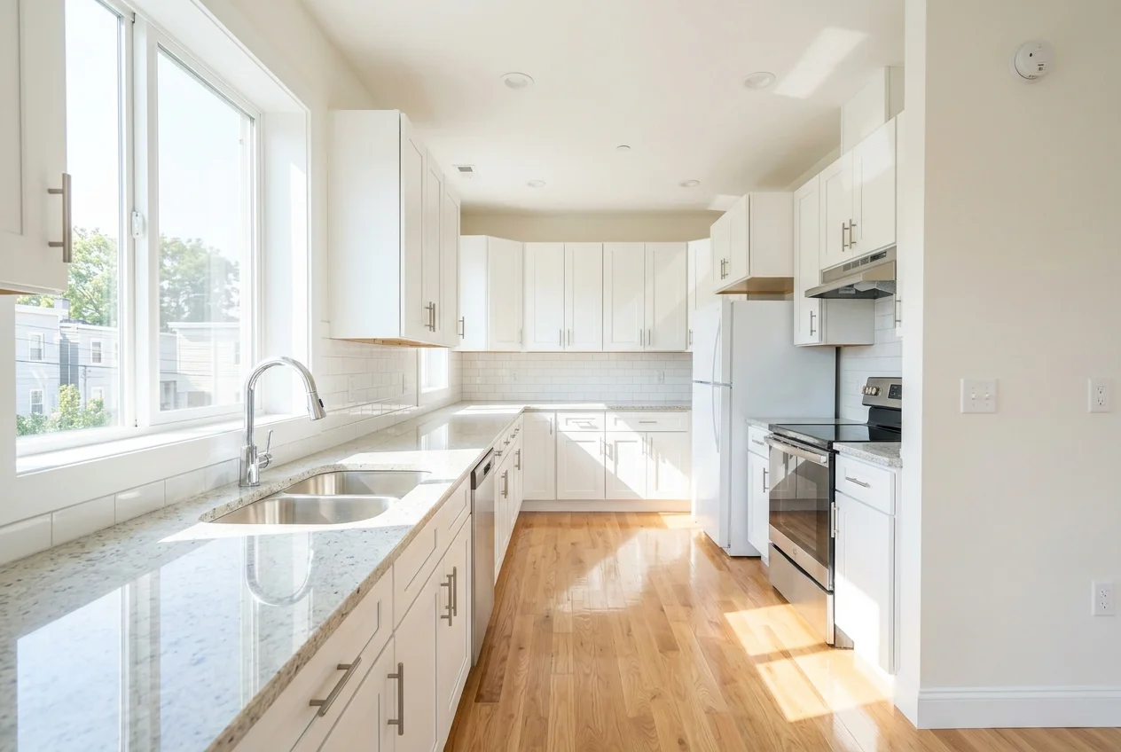 Spotless completely empty apartment kitchen ready for a move-out inspection