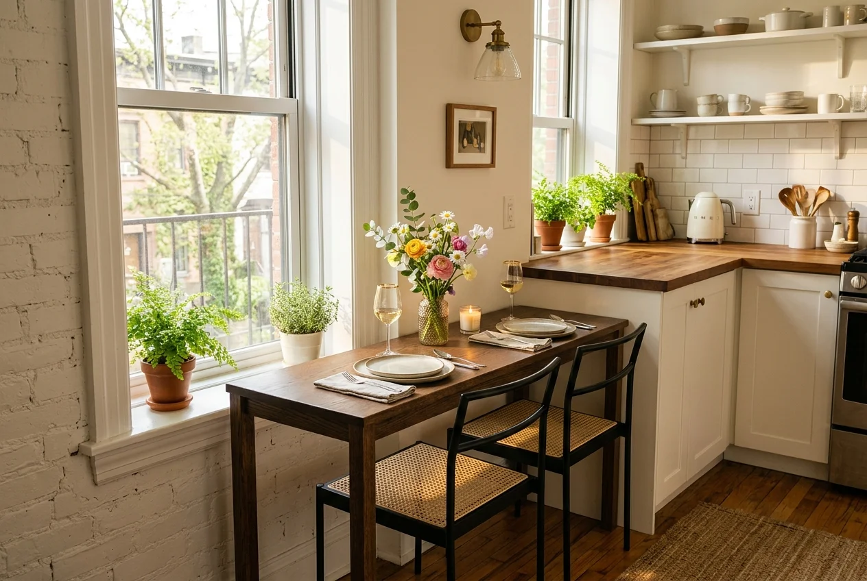 Very narrow rectangular dining table with two slim chairs in a small kitchen corner