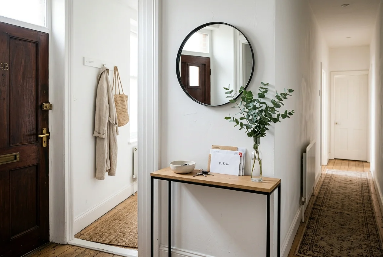 Very narrow apartment entryway with a slim console table holding keys and mail