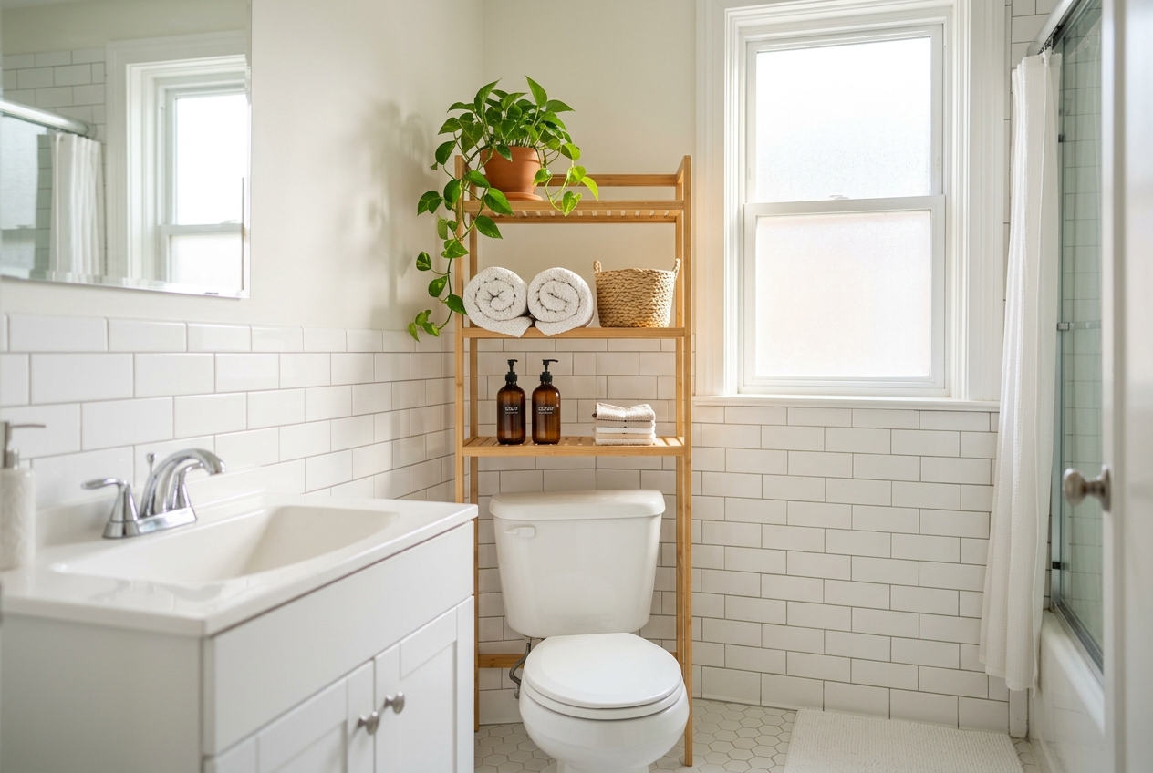 Small rental bathroom with no-drill storage solutions