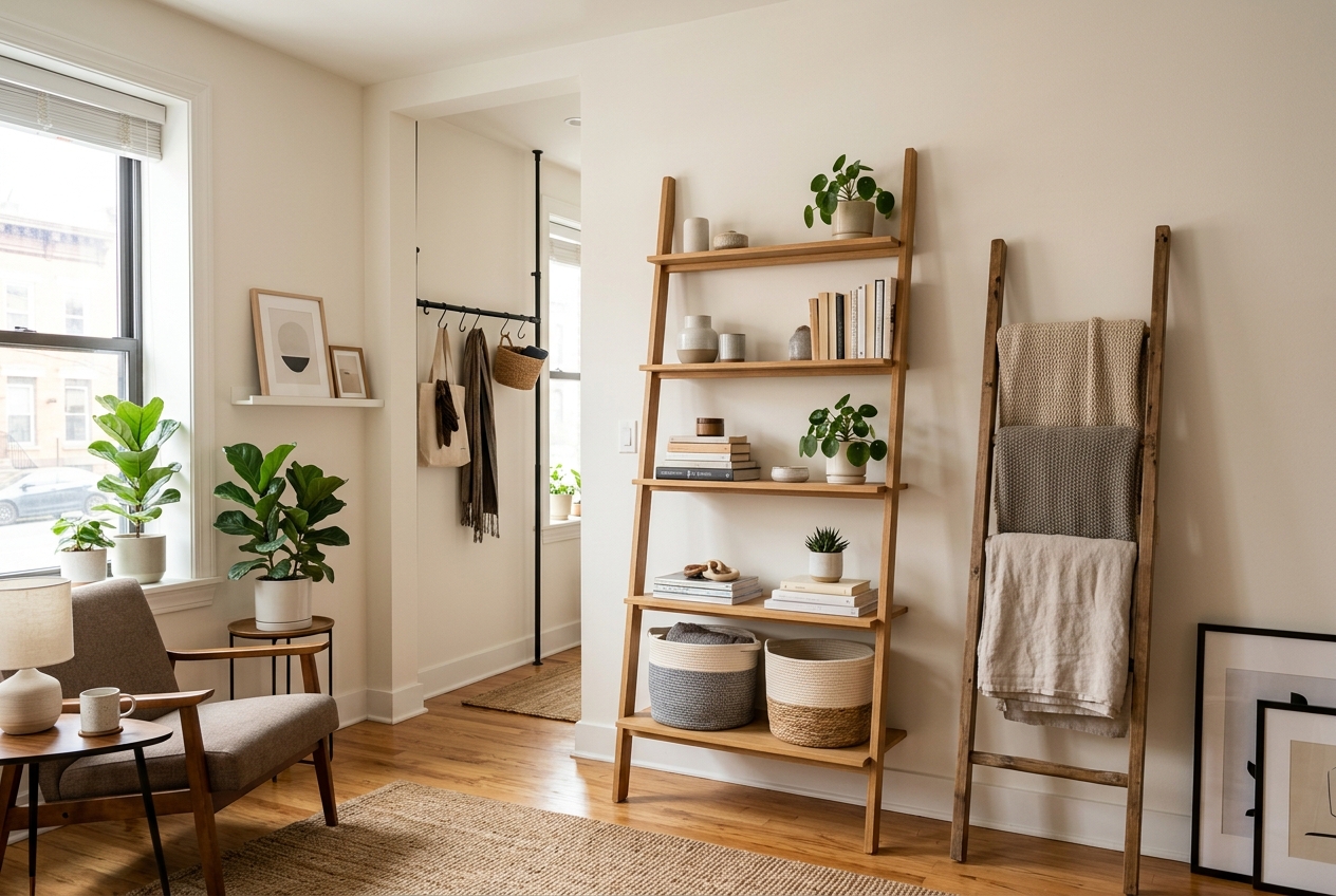 Various no-drill storage solutions mounted in a rental apartment