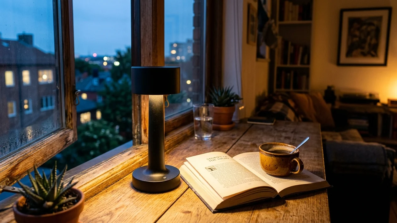 O'Bright Seraph mini cordless touch table lamp sitting on a wooden windowsill in a studio apartment