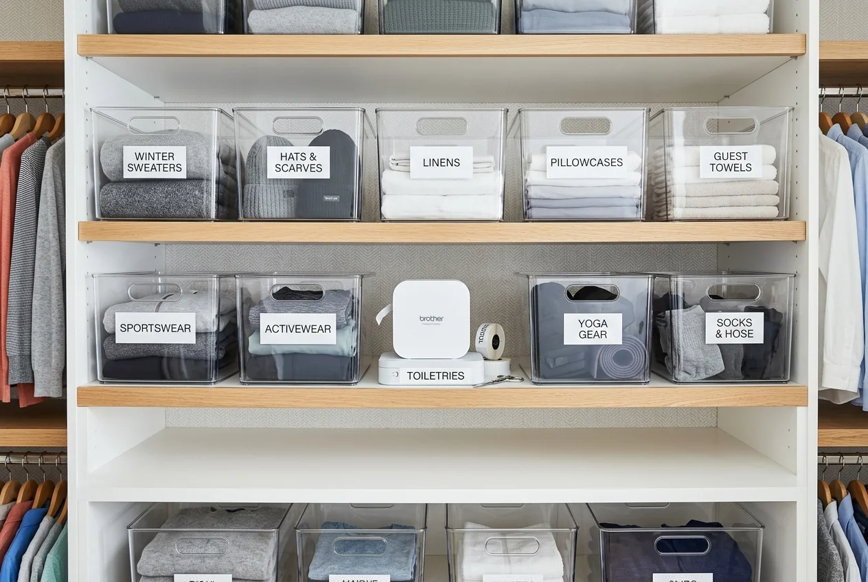 Perfectly organized closet shelf with clear acrylic bins and printed labels