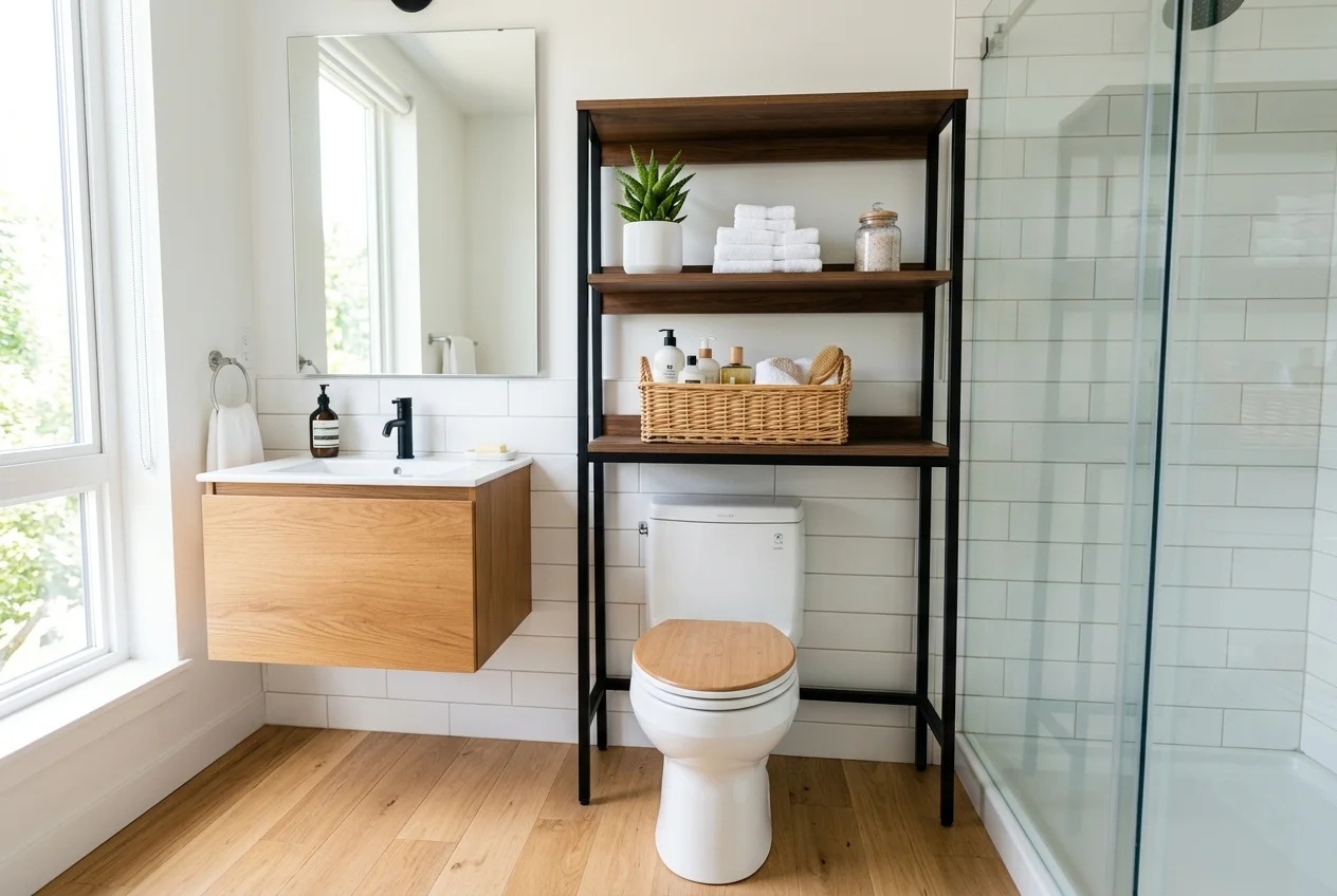 Elegant modern over-the-toilet storage shelf holding towels and toiletries