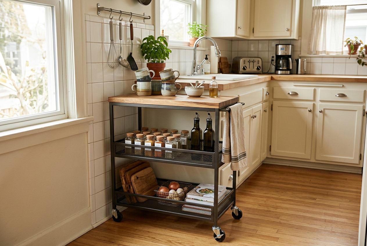 Rolling storage cart used as a kitchen island in a small apartment