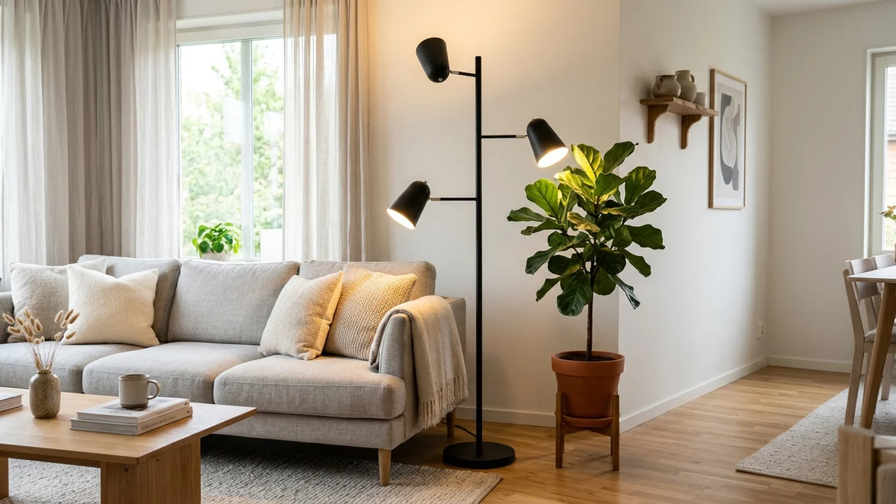 SIBRILLE 36W dimmable multi-head tree floor lamp casting layered ambient light in a small living room