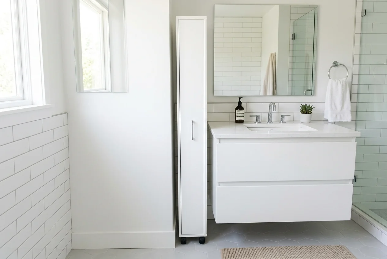 Very thin tall rolling bathroom cabinet squeezed between a sink and wall