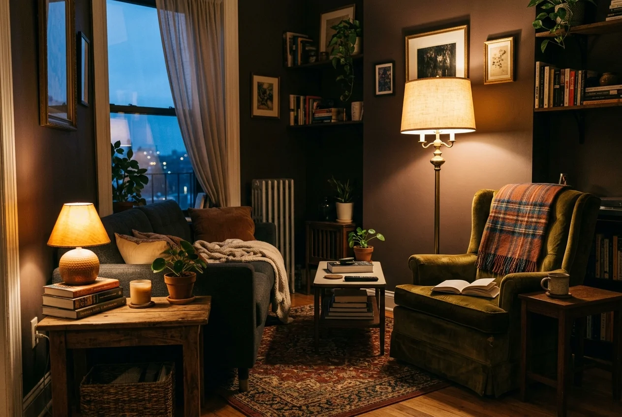 Warm amber plug-in lighting and linen textures