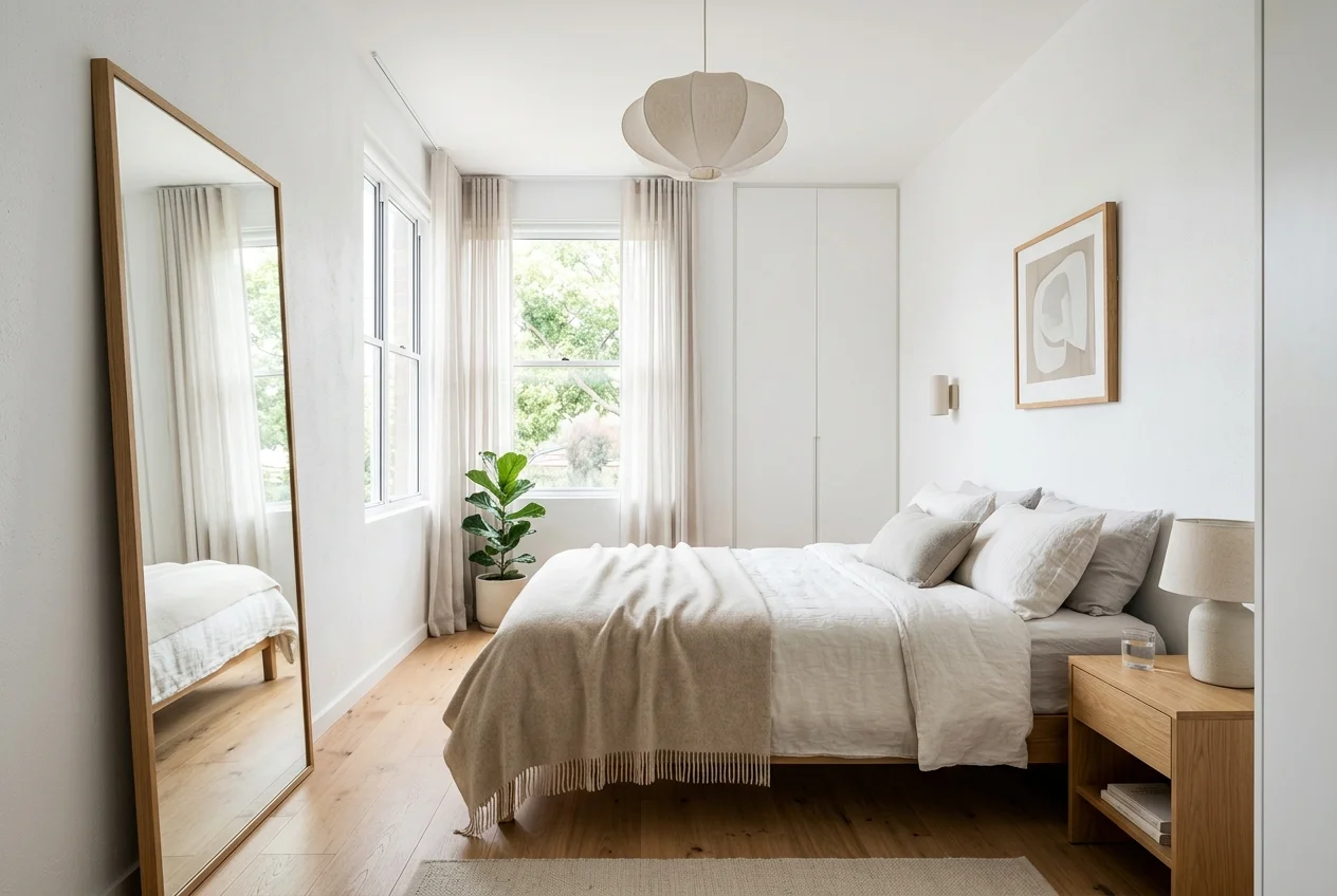 Bright airy small bedroom painted white with a large floor mirror reflecting natural light