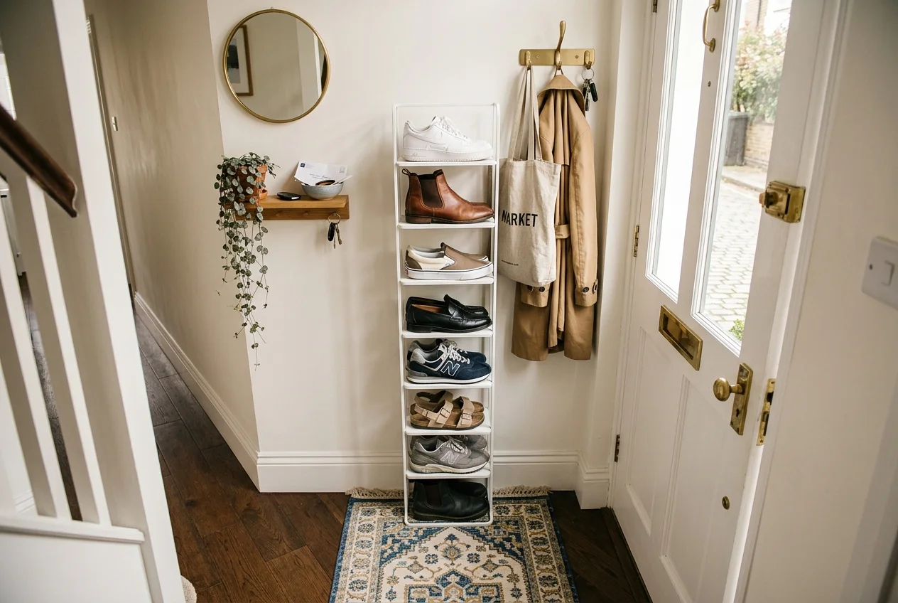 Slim vertical shoe rack in a narrow apartment entryway holding organized shoes