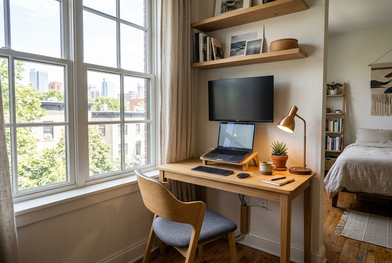Compact home office setup in a small apartment corner