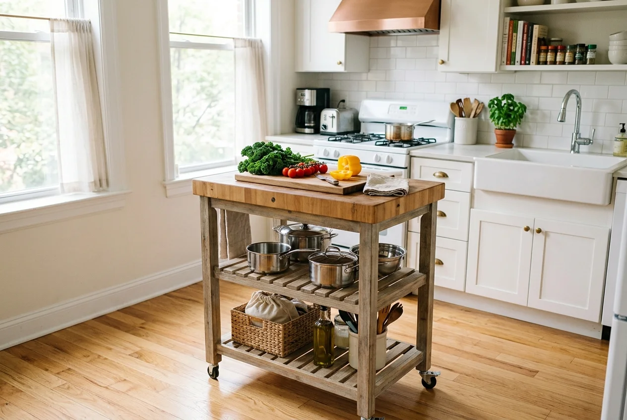 Compact rolling kitchen island cart with butcher block top in a bright small apartment kitchen