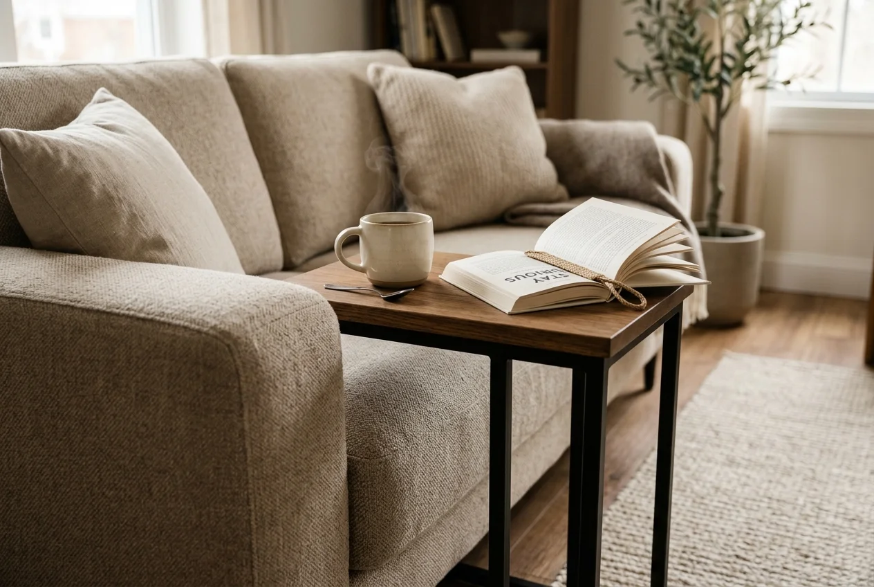 C-shaped tray table sliding underneath the arm of a sofa, holding coffee and a book