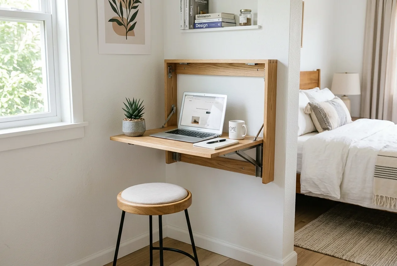 Clever folding wall-mounted desk tucked into a small apartment bedroom corner