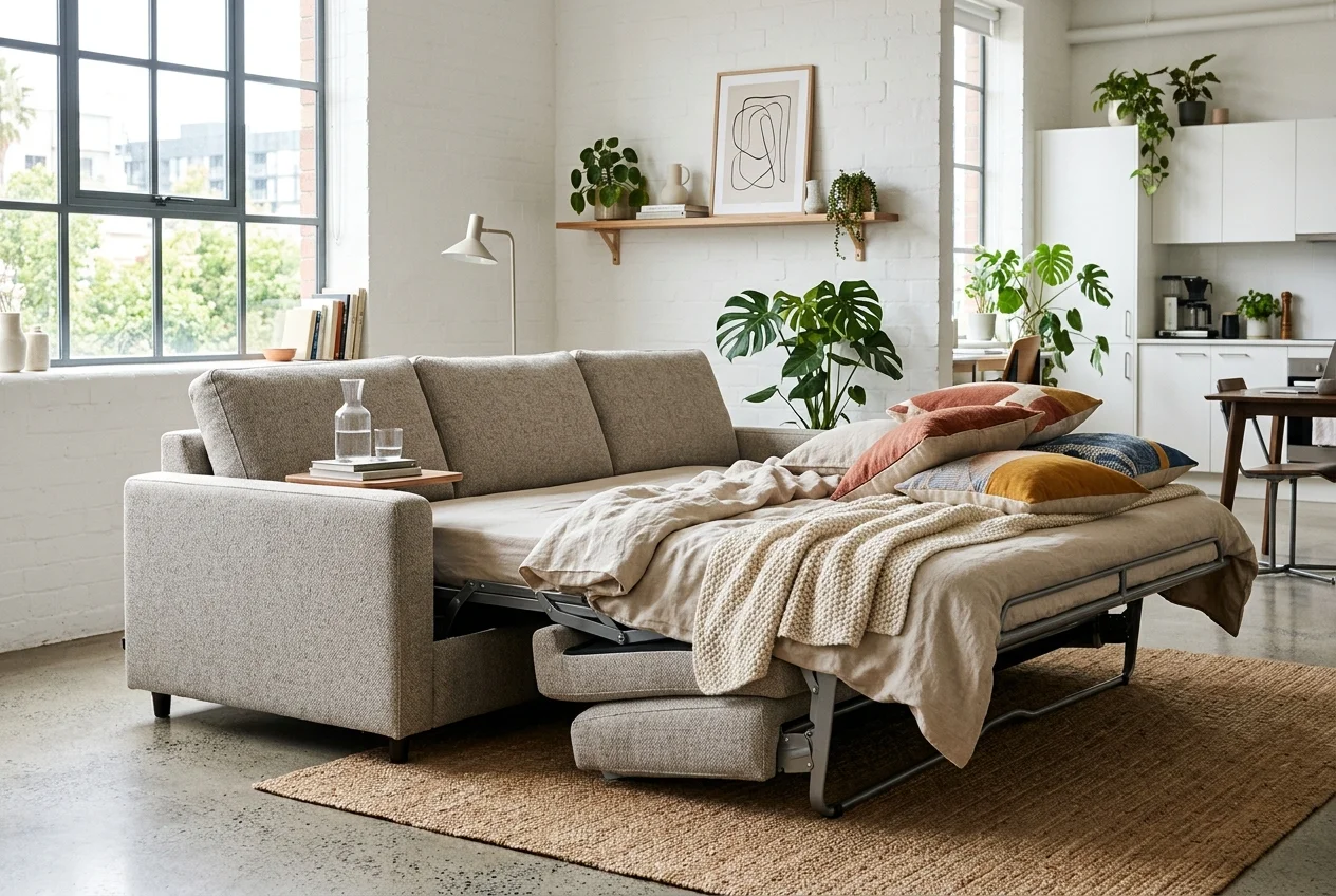 Stylish modern sofa bed being unfolded into a bed in a bright studio apartment
