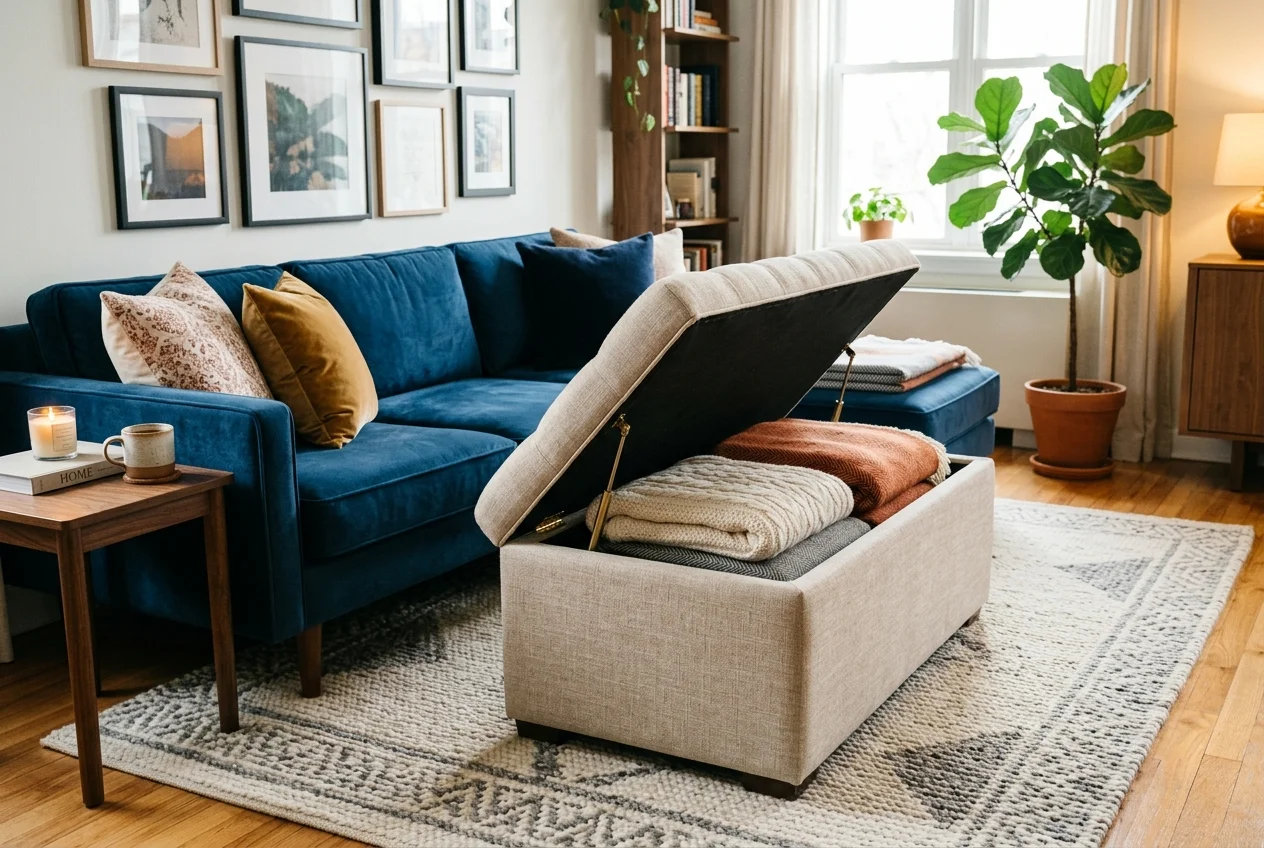 Upholstered storage ottoman with open lid revealing folded throw blankets inside