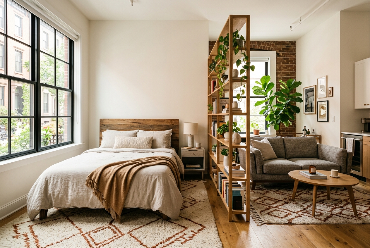 Studio apartment with clear living and sleeping zones separated by furniture