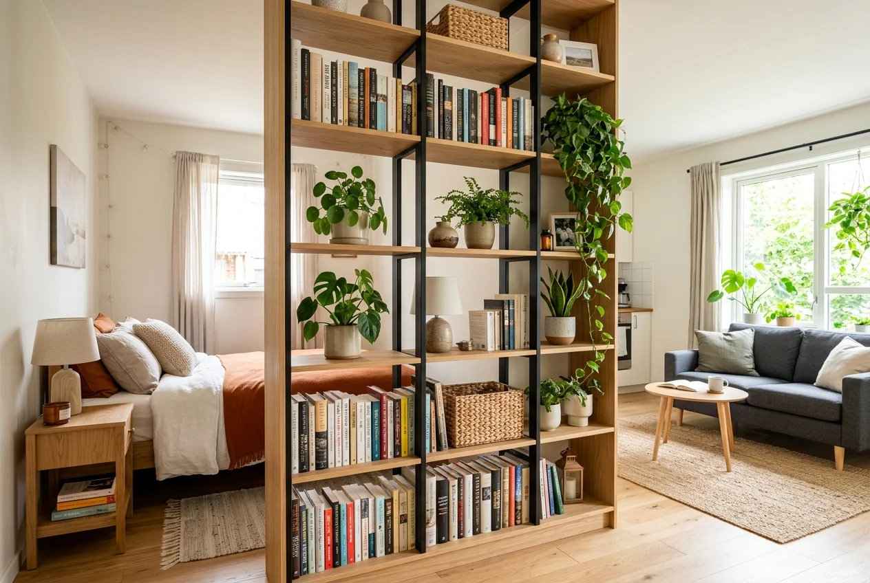 Open bookshelf acting as a room divider between a bed and living space in a studio