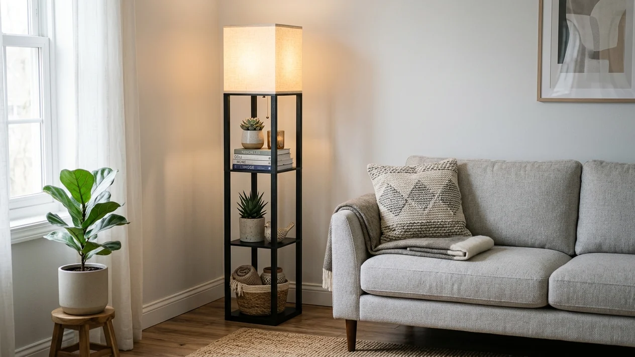 SUNMORY 4-tier black wooden floor lamp with display shelves and warm linen shade in a living room corner