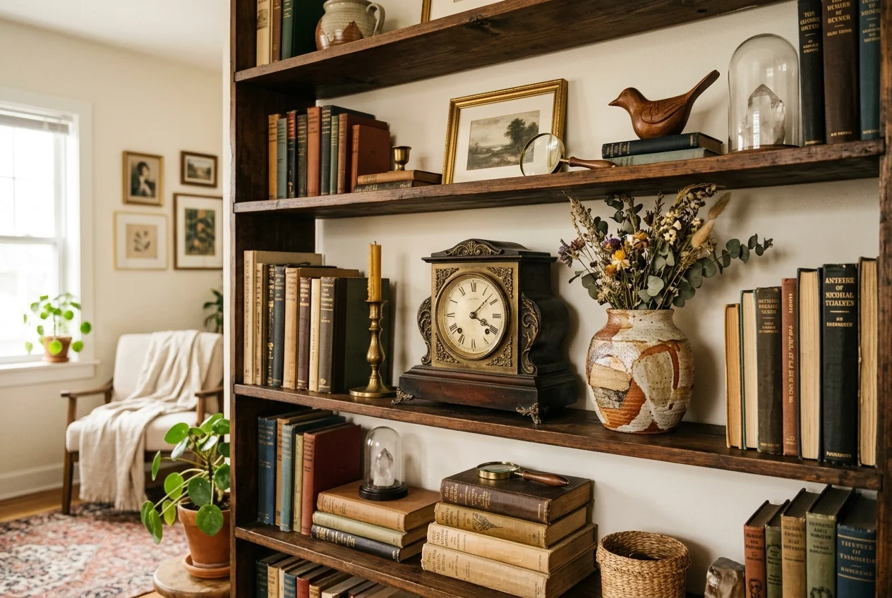 Eclectic apartment bookshelf styled with vintage thrifted decor and an antique clock