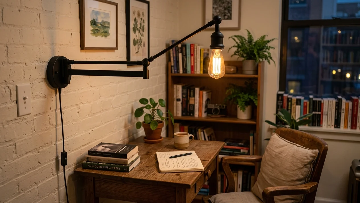 TRLIFE matte black articulated plug-in swing arm wall sconce extended over an apartment writing desk