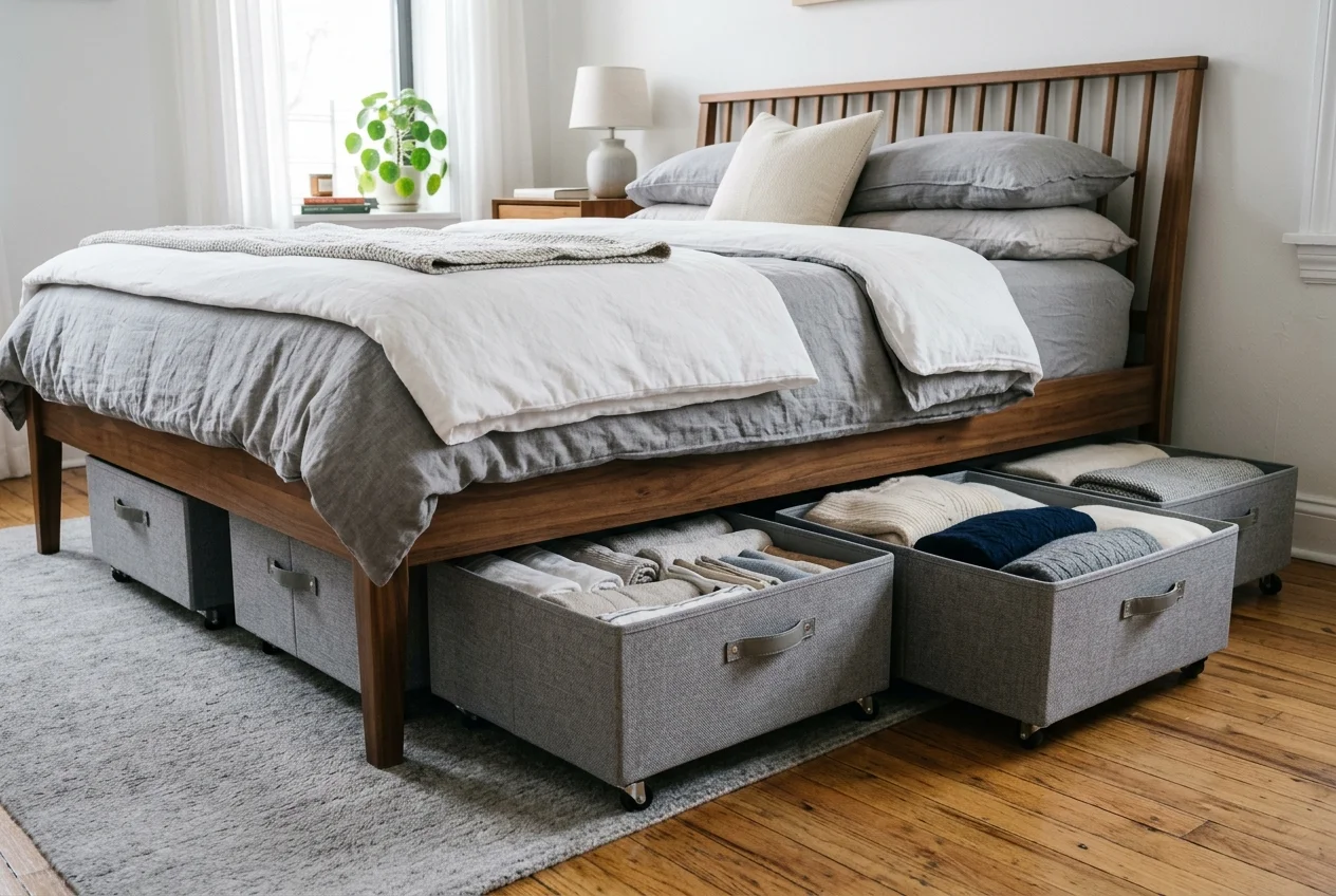 Stylish bed frame with grey rolling storage bins pulled out showing folded sweaters