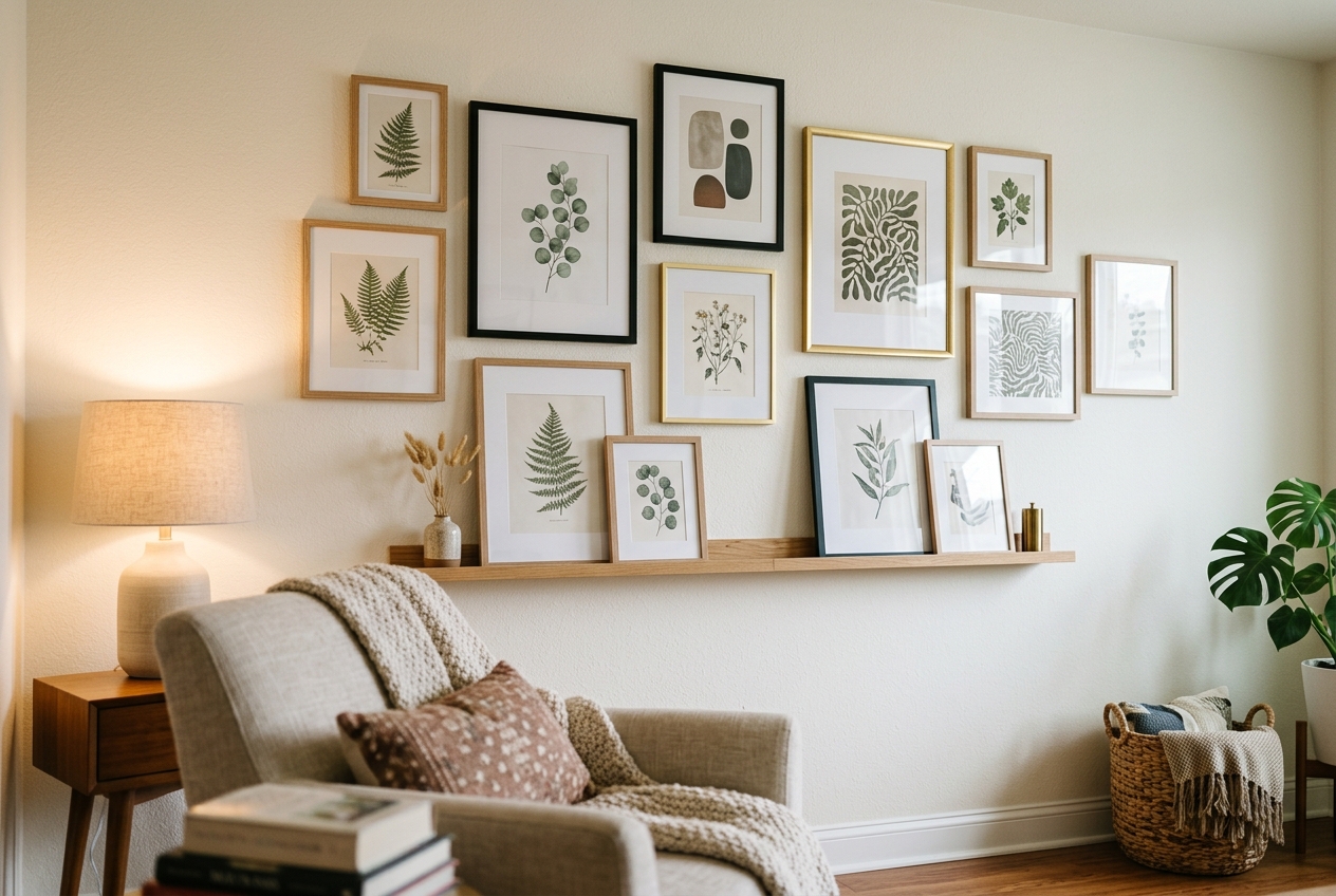Rental apartment walls decorated without nails or damage