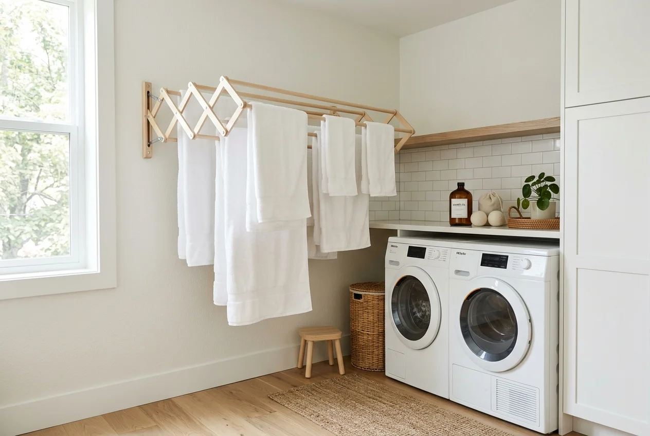 Clever accordion drying rack pulled out from a wall with drying towels